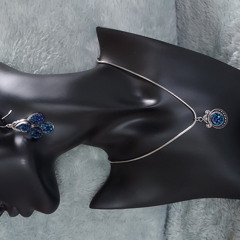 Blue Druzy & Silver Necklace & Earring Set